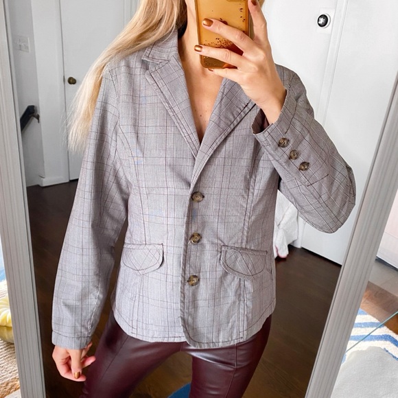 🍂 GINA BENOTTI BROWN GREY PLAID BLAZER JACKET! - Picture 1 of 13